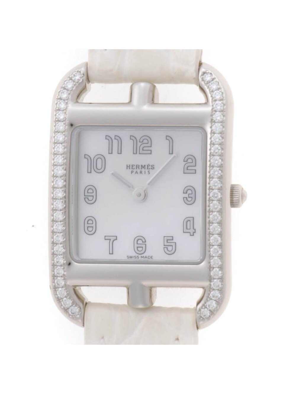 Hermes Cape Cod Watch Stainless Steel Crocodile Leather Diamond Bezel Shell
